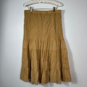 Solitaire Women’s Large Mustard Yellow Tiered Eyelet Cotton Maxi Skirt Boho